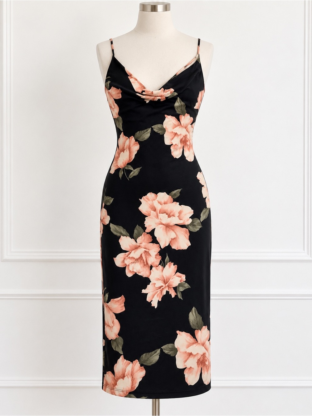 Floral Slip Midi Dress in Black with Peach Blooms